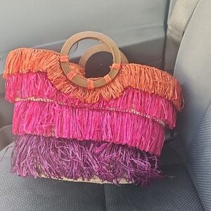 The Limited Woven Fringe Straw Tote in Orange, Pink & Purple